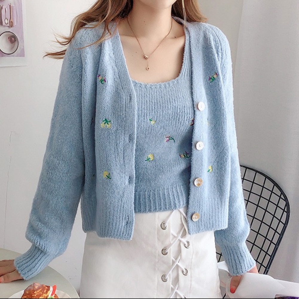 Dusty Blue Knit Floral Sweater/Cardigan